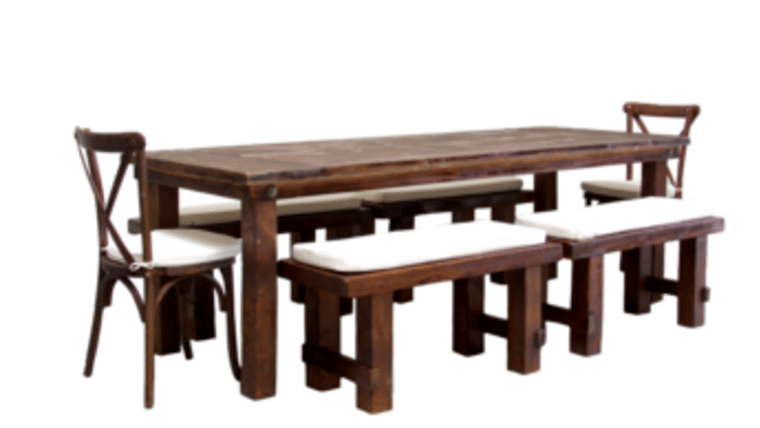 Package – 1 Mahogany Farm Table With 4 Short Benches And 2 Cross-Back Chairs Packages | Rental Package – 1 Mahogany Farm Table With 4 Short Benches And 2 Cross-Back Chairs Packages | Rental