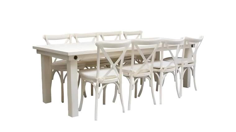 Package – 1 Vintage White Rectangle Farm Table With 8 Cross-Back Chairs Packages | Rental Package – 1 Vintage White Rectangle Farm Table With 8 Cross-Back Chairs Packages | Rental