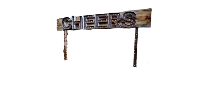 8′ Rustic Cheers Sign Rental – w/6′ Legs & Bases | Used – Purchase