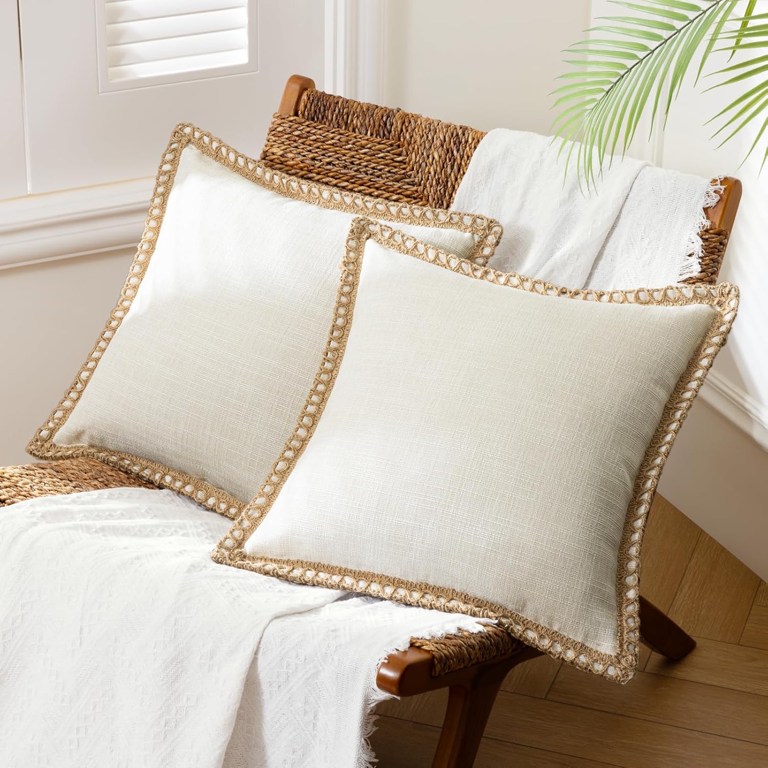 Farmhouse Modern Spring Decorative Throw Pillow Covers Burlap Linen Trimmed Outdoor Pillows Tailored Edges Off White 18 x 18 inches | Rental Farmhouse Modern Spring Decorative Throw Pillow Covers Burlap Linen Trimmed Outdoor Pillows Tailored Edges Off White 18 x 18 inches | Rental