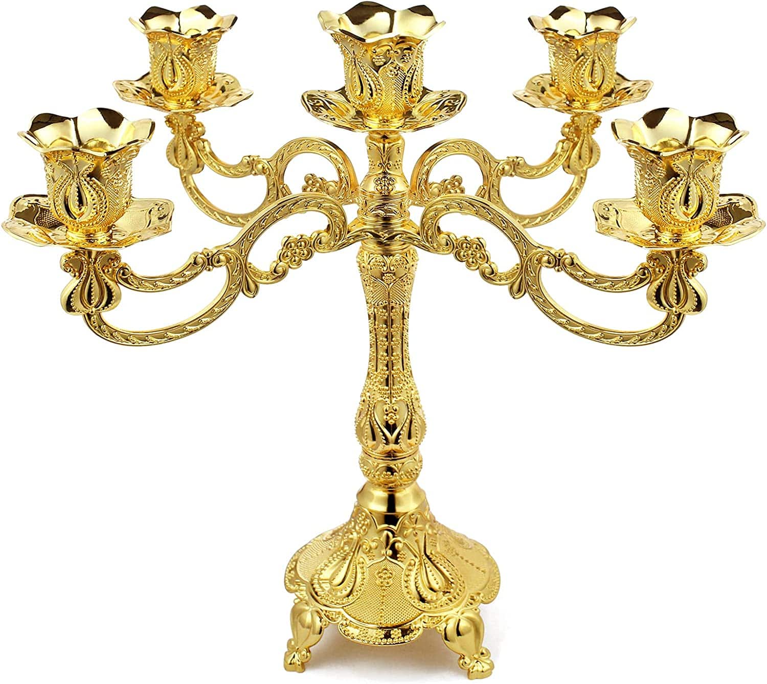 5-Candle Metal Candelabra 10.3 Inch Tall Candlestick Candle Holders for Home Decor Wedding Christmas Church Halloween Party, Gold Tulip | Rental