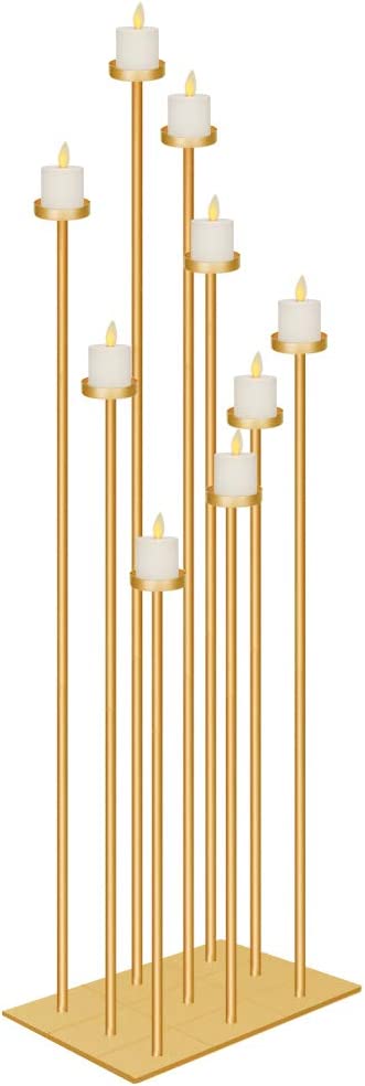 9 Gold Candle Holders Candelabra Floor 42 inch Tall Centerpiece for Wedding Decor Using Tealight Set Large with Iron | Rental 9 Gold Candle Holders Candelabra Floor 42 inch Tall Centerpiece for Wedding Decor Using Tealight Set Large with Iron | Rental