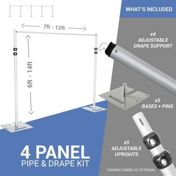 DELUXE-4 Panel Pipe and Drape Kit / Backdrop - 6-14 Feet Tall (Adjustable) Comes W/ 3 Piece Uprights for Maximum Height Adjustment | Rental