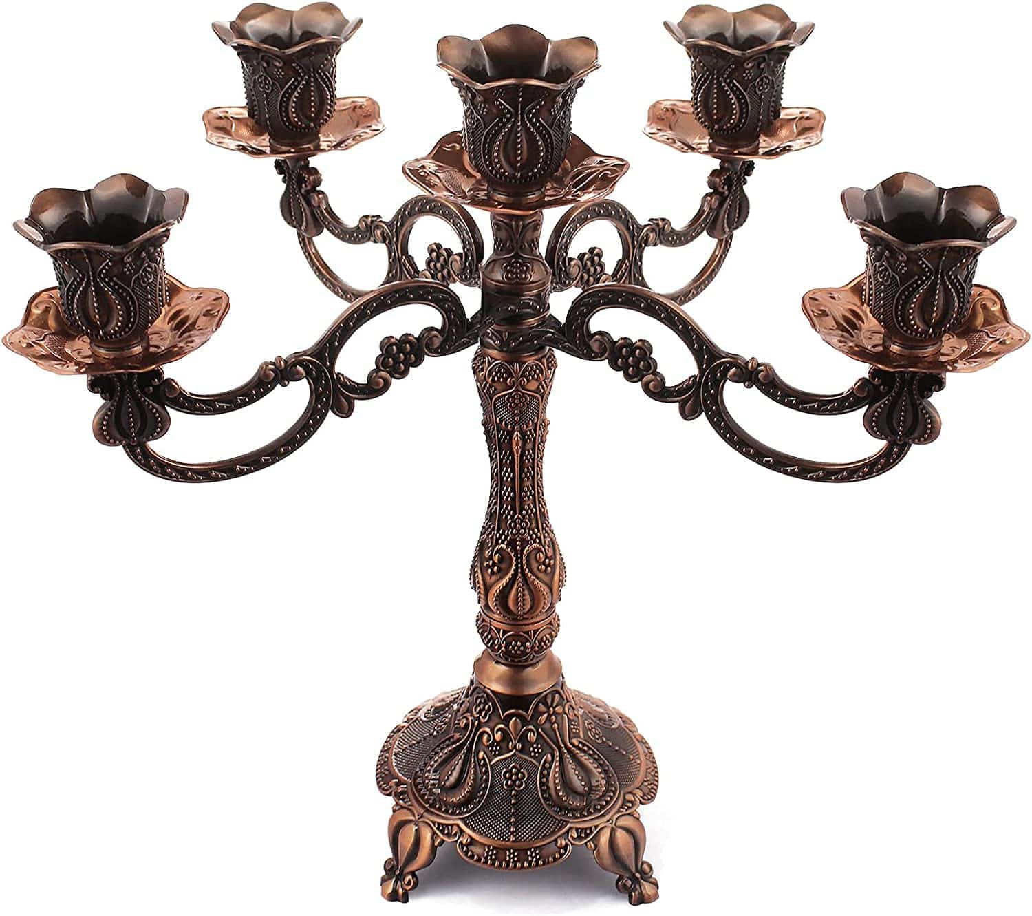 5-Candle Metal Candelabra 10.3 Inch Tall Candlestick Candle Holders for Home Decor Wedding Christmas Church Halloween Party, Red Bronze Tulip | Rental