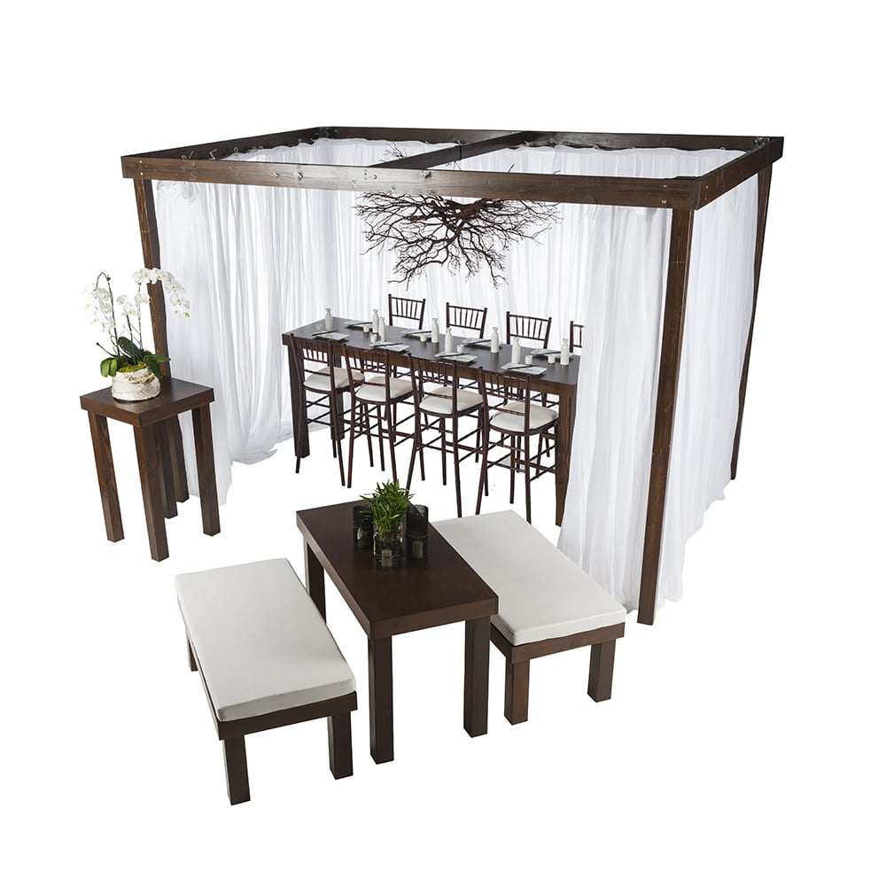 Cabana – 12’L x 12’w x 8’h Rustic Wood Cabana w/Sheer Drapes | Rental Cabana – 12’L x 12’w x 8’h Rustic Wood Cabana w/Sheer Drapes | Rental