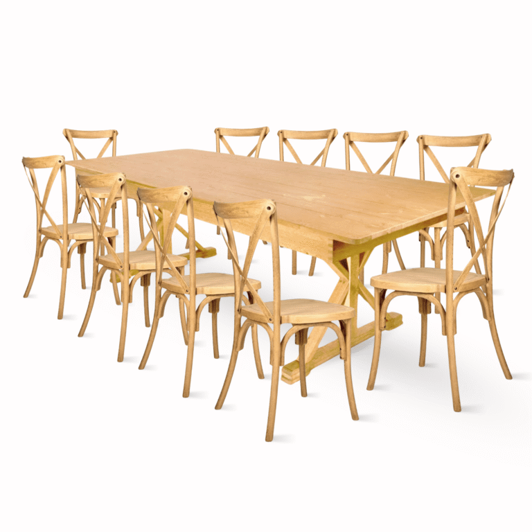 Natural X-Leg Farm Table Dining Set with 10 Chairs | Rental Natural X-Leg Farm Table Dining Set with 10 Chairs | Rental