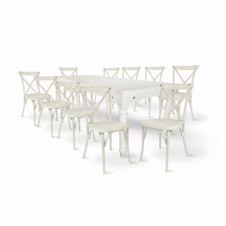 White Distressed Fluted Leg Farm Table Dining Set with 10 Chairs | Rental