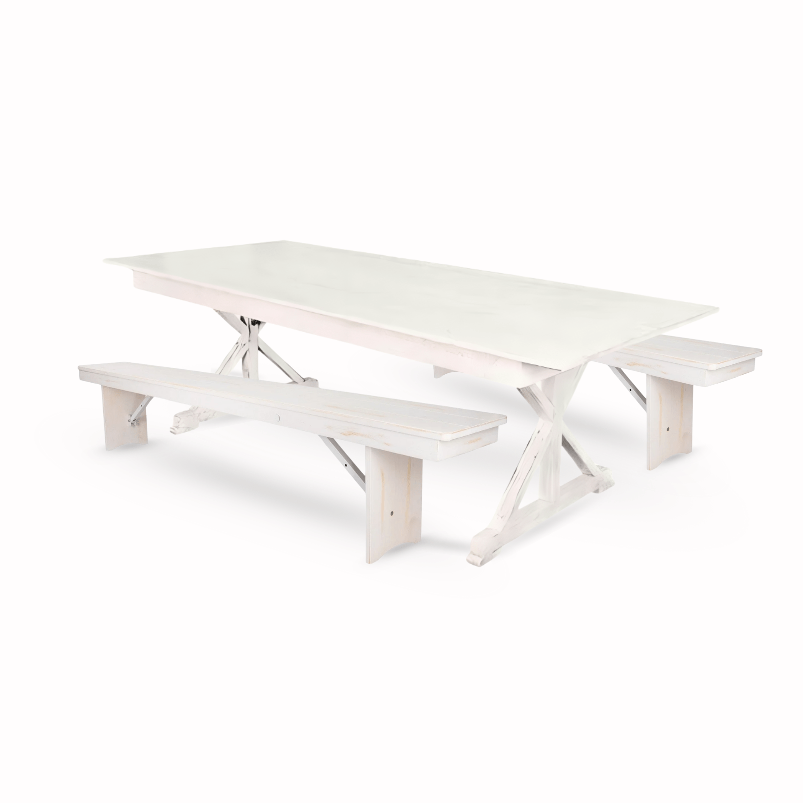 white distressed x leg farm table dining set with 2 benches