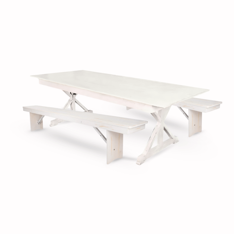 White Distressed X-Leg Farm Table Dining Set with 2 Benches | Rental White Distressed X-Leg Farm Table Dining Set with 2 Benches | Rental